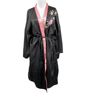 Unbranded Kimono Robe Womens One Size Black Pink Floral Embroidered Satin Tie